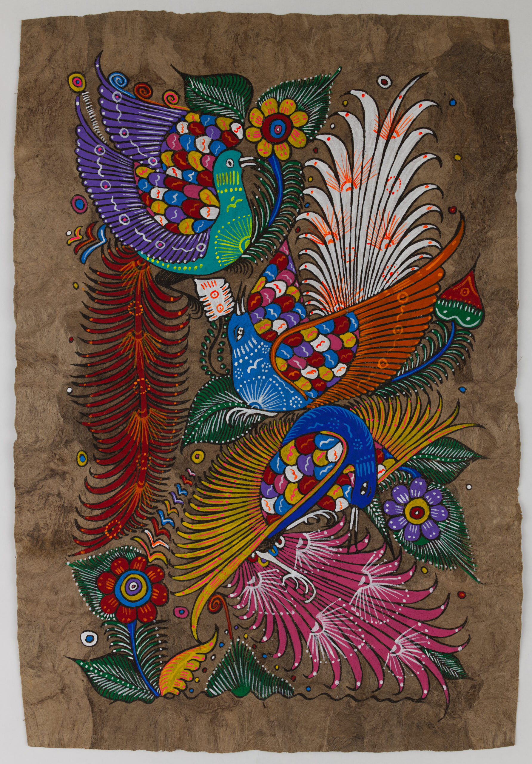 Colorful Mexican Folk Art Painting Indigenous Artwork Birds and Flowers