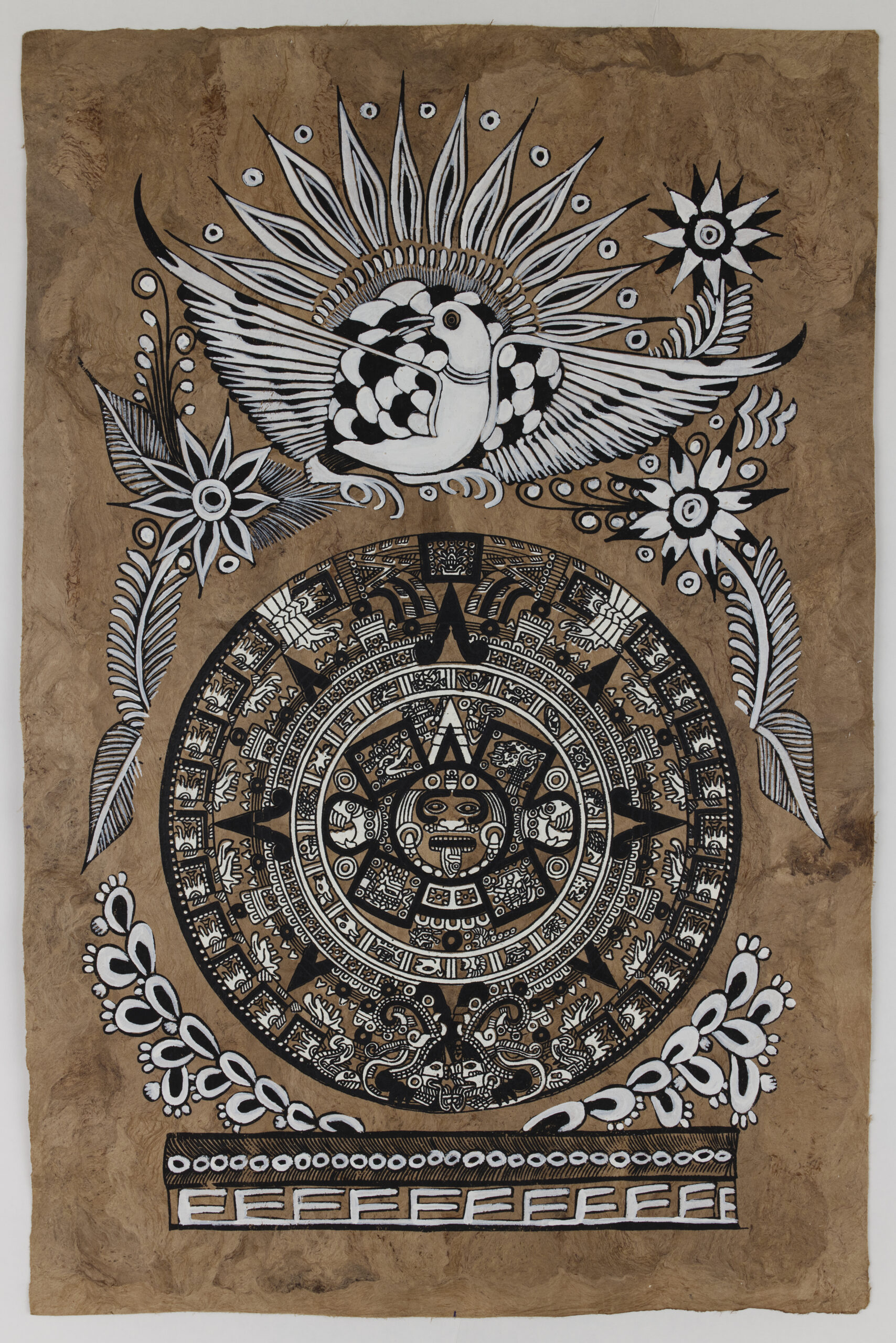 Black and White Mexican Folk Art Painting Indigenous Artwork Stone of the Sun