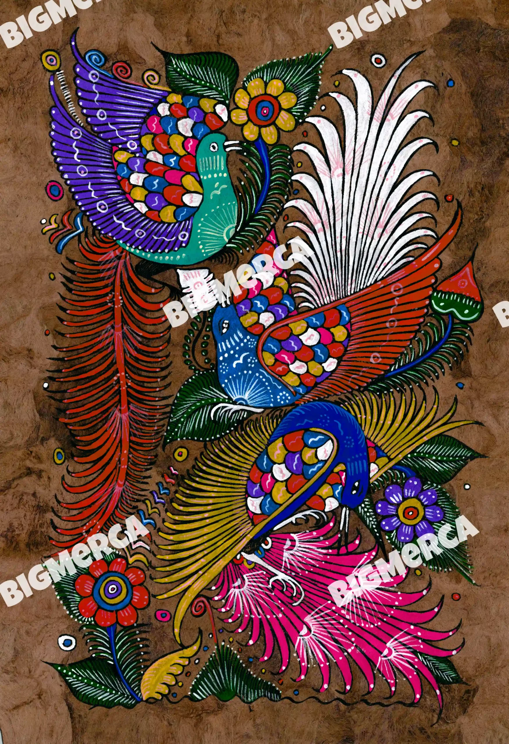 Colorful Bark Painting, Indigenous Artwork 16" wide and 24" tall depicting birds and flowers. Known as amate, this paper is made using prehispanic techniques in southeastern Mexico.