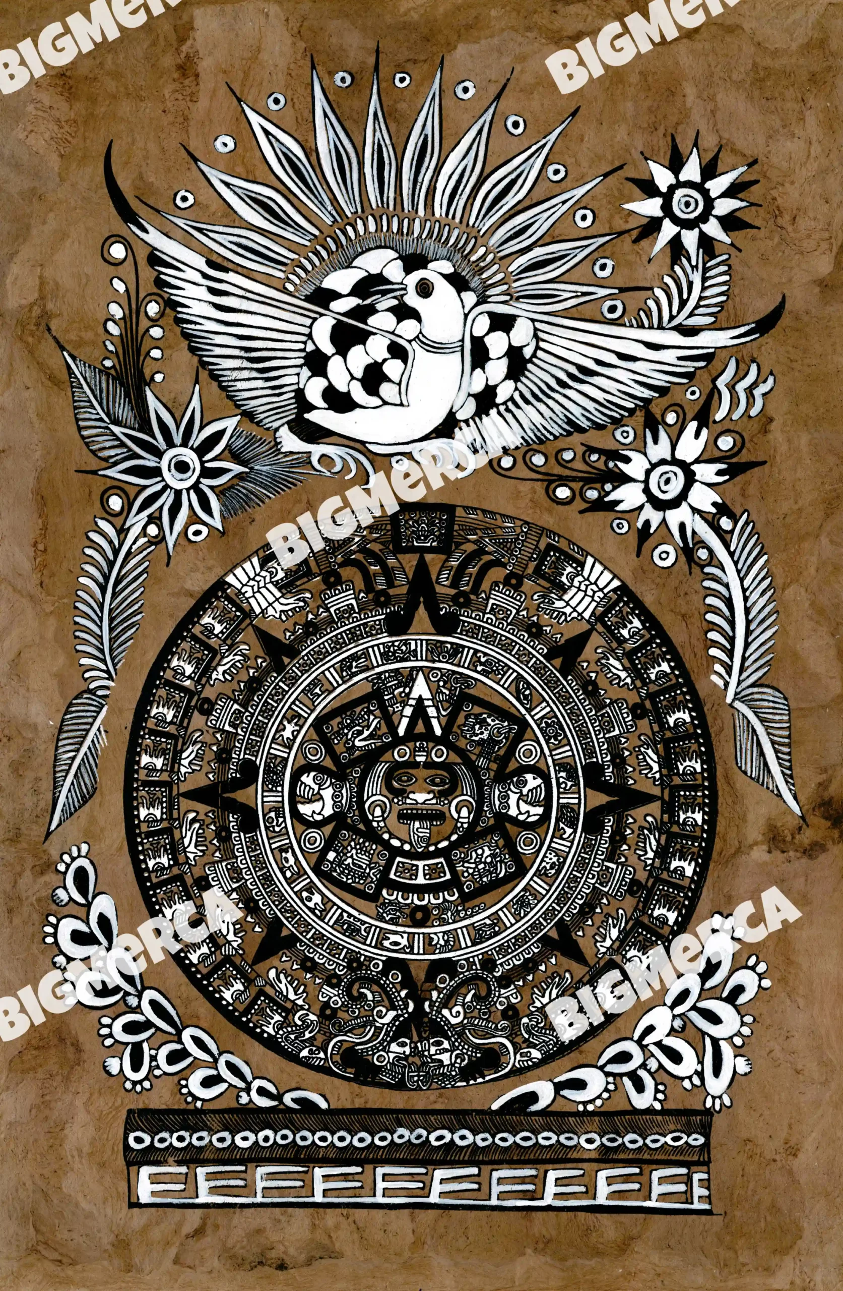 Black and White Bark Painting, Indigenous Artwork 16" wide and 24" tall depicting the Stone Sun. Known as amate, this paper is made using prehispanic techniques in southeastern mexico.