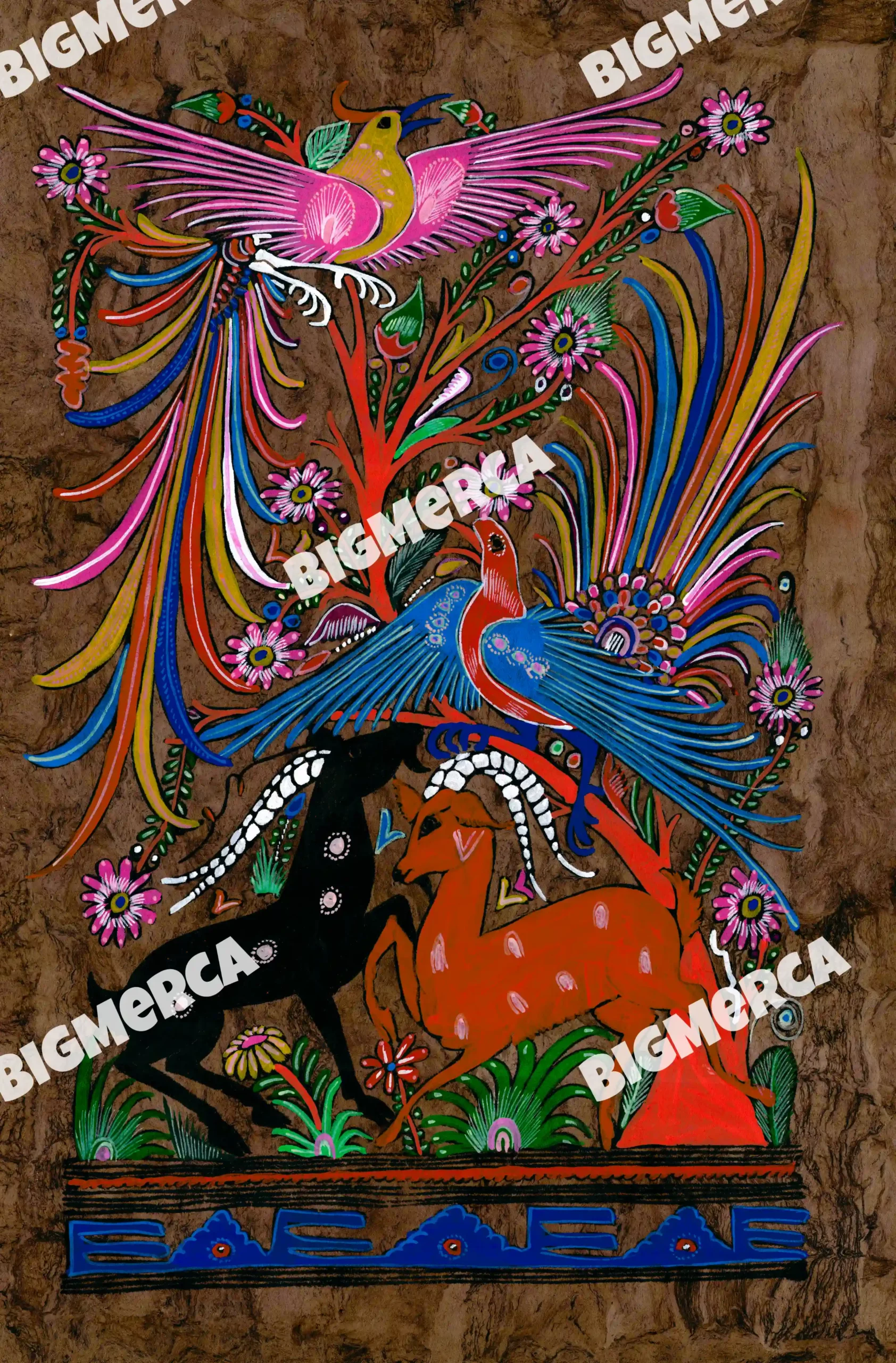 Colorful Bark Painting, Indigenous Art 16" wide and 24" tall depicting birds and deers. Known as amate, this paper is made using prehispanic techniques in southeastern Mexico.