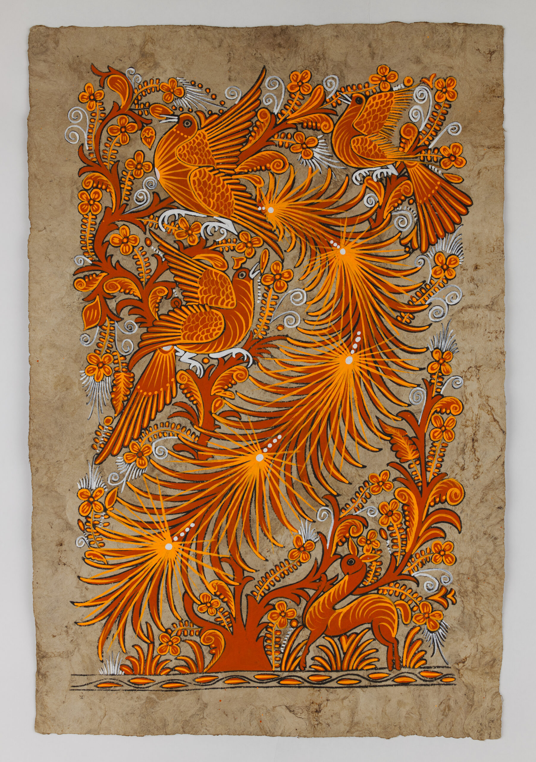 Colorful Orange Birds Mexican Folk Art Painting Indigenous Artwork