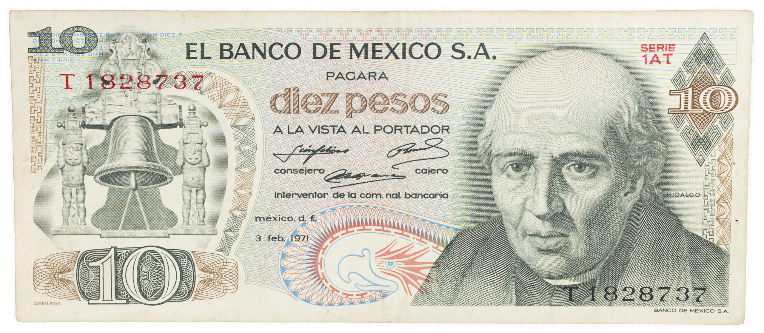 Billete Antiguo de 10 Pesos Mexicanos (1971) – Miguel Hidalgo – Serie 1AT (Estado Casi Sin Circular)