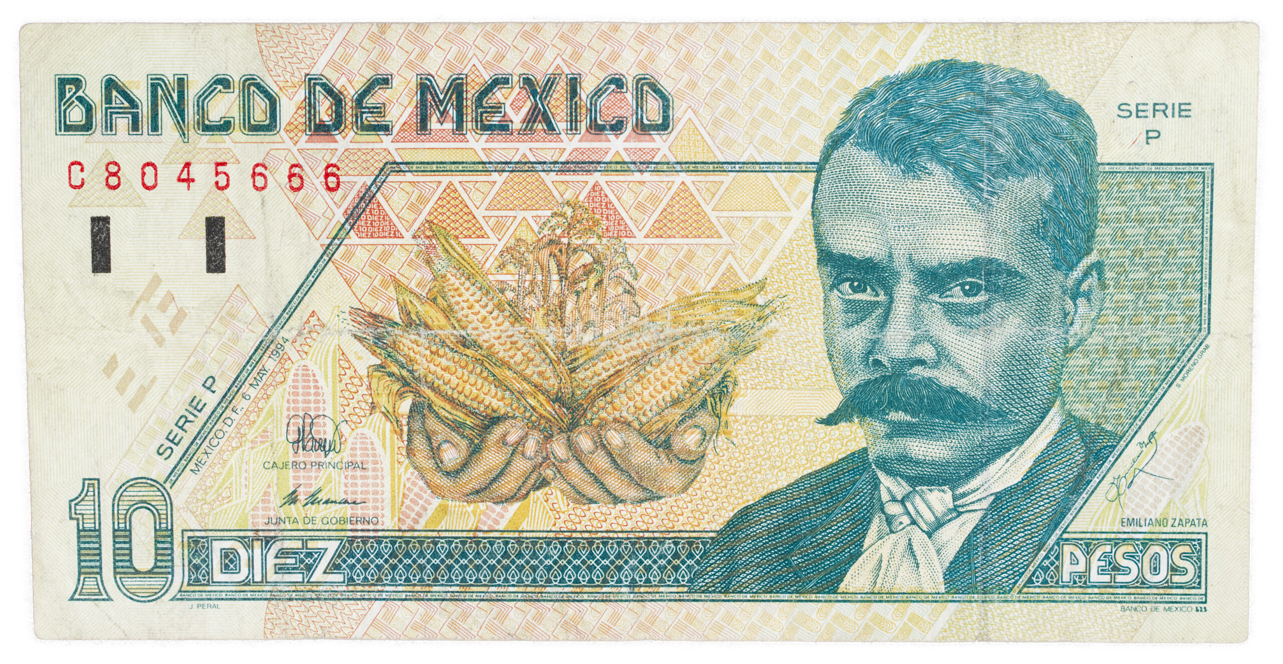 Billete Antiguo de 10 Pesos Mexicanos (1984) – Emiliano Zapata – Serie P (Estado Excelente)