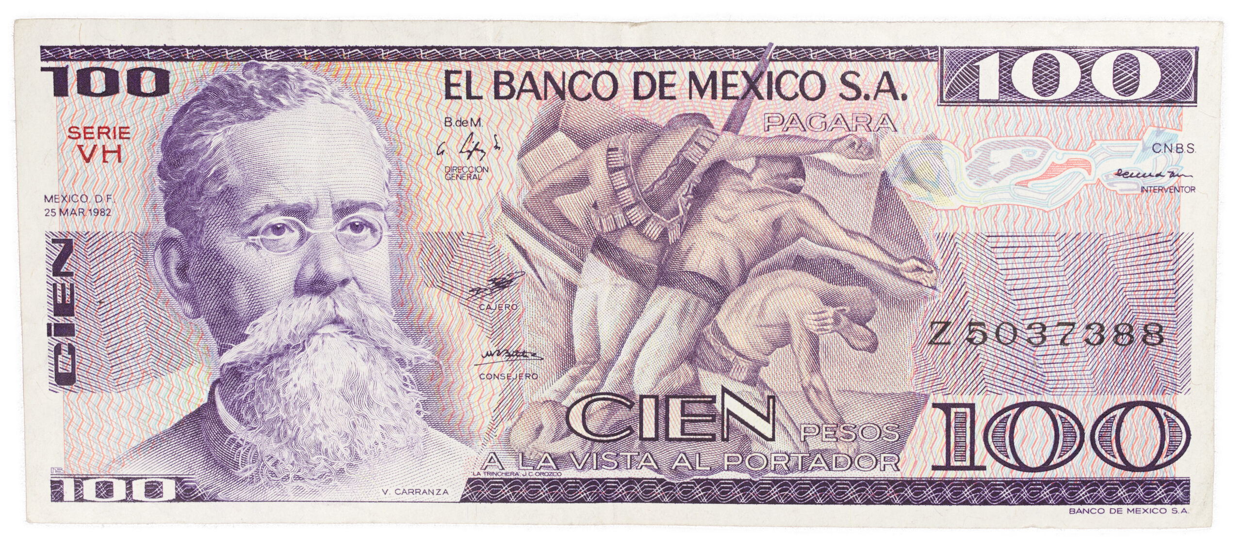 Billete Antiguo de 100 Pesos Mexicanos (1982) – Venustiano Carranza – Serie VH (Estado Excelente)
