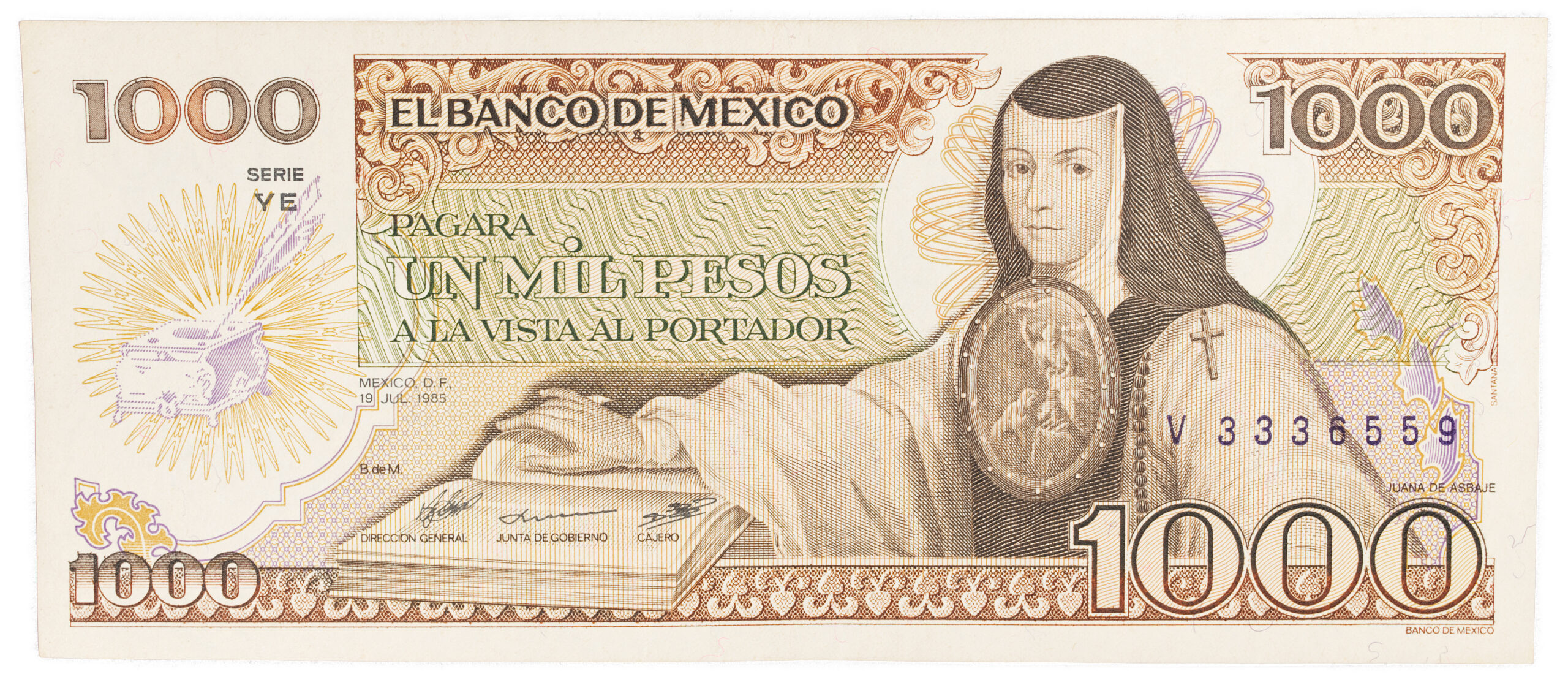 Billete Antiguo de 1000 Pesos Mexicanos (1985) – Sor Juana Inés de la Cruz – Serie YE (Estado Excelente)