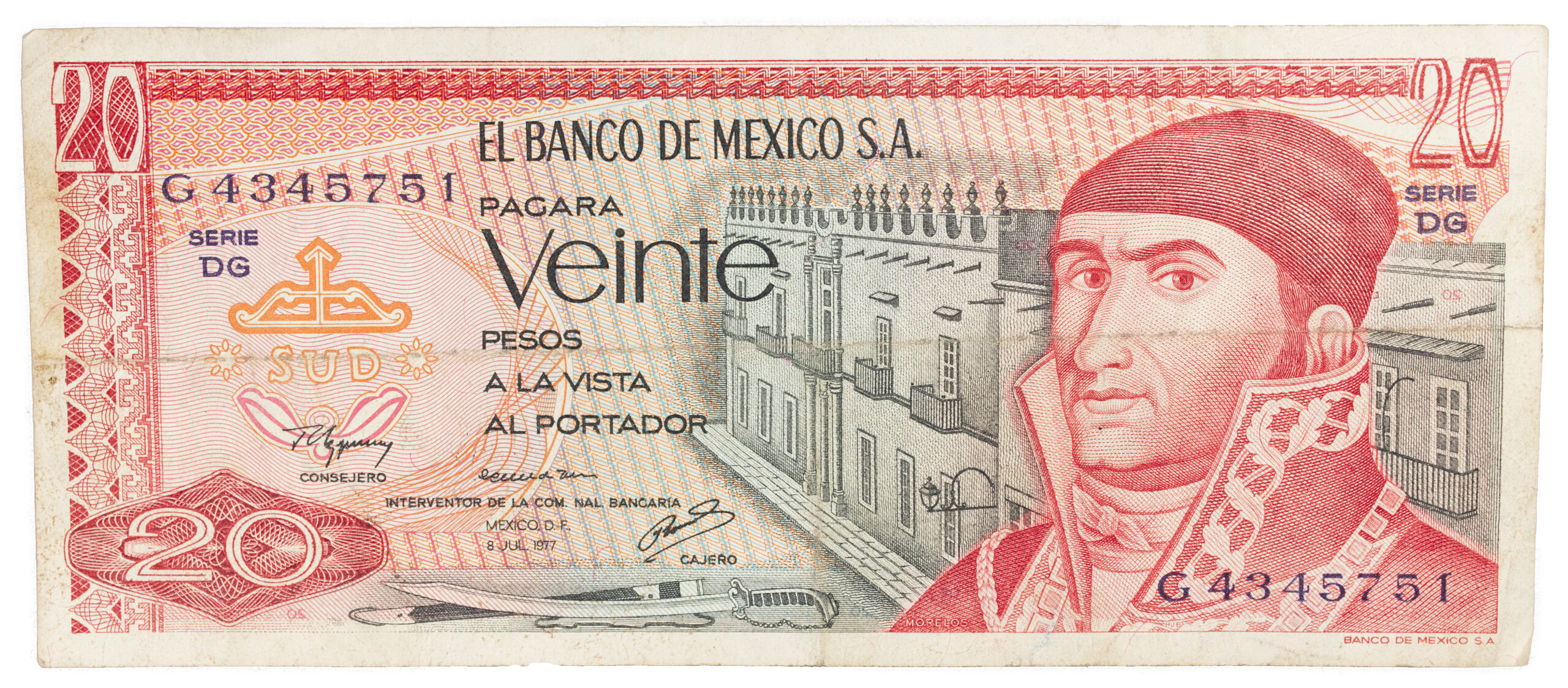Billete Antiguo de 20 Pesos Mexicanos (1977) – José María Morelos – Serie DG (Estado Excelente)