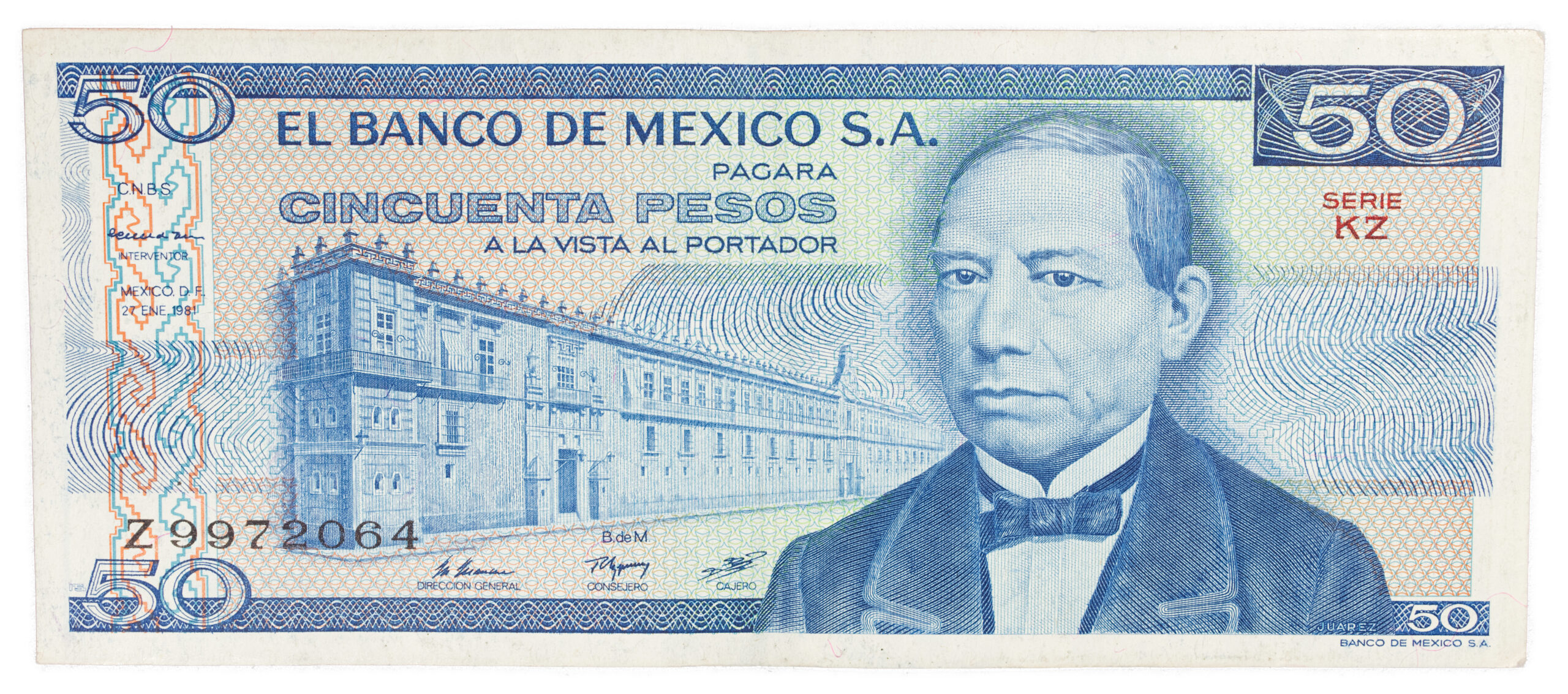 Billete Antiguo de 50 Pesos Mexicanos (1981) – Benito Juárez – Serie KZ (Estado Excelente)
