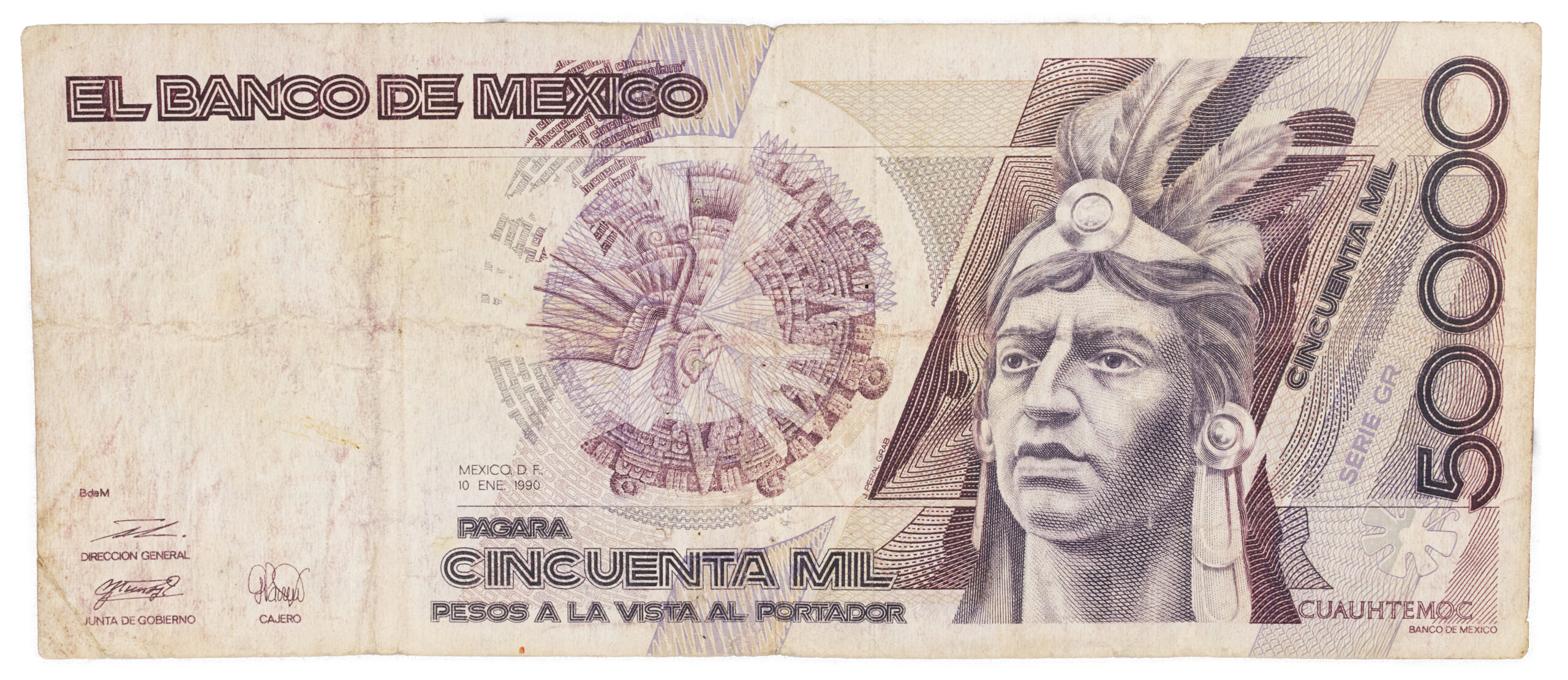 Billete Antiguo de 50,000 Pesos Mexicanos (1992) – Cuauhtémoc – Serie GR (Estado Circulado)