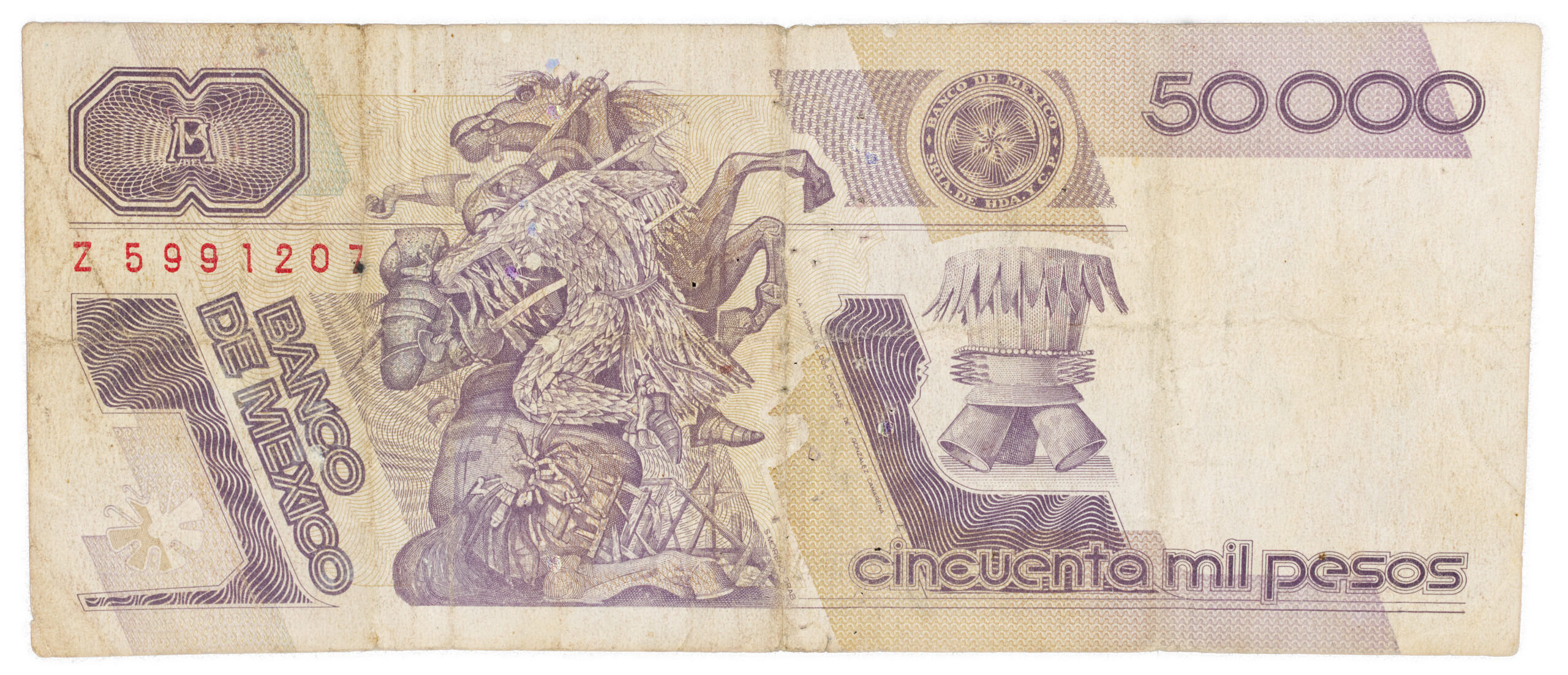 Billete Antiguo de 50,000 Pesos Mexicanos (1992) – Cuauhtémoc – Serie GR (Estado Circulado)