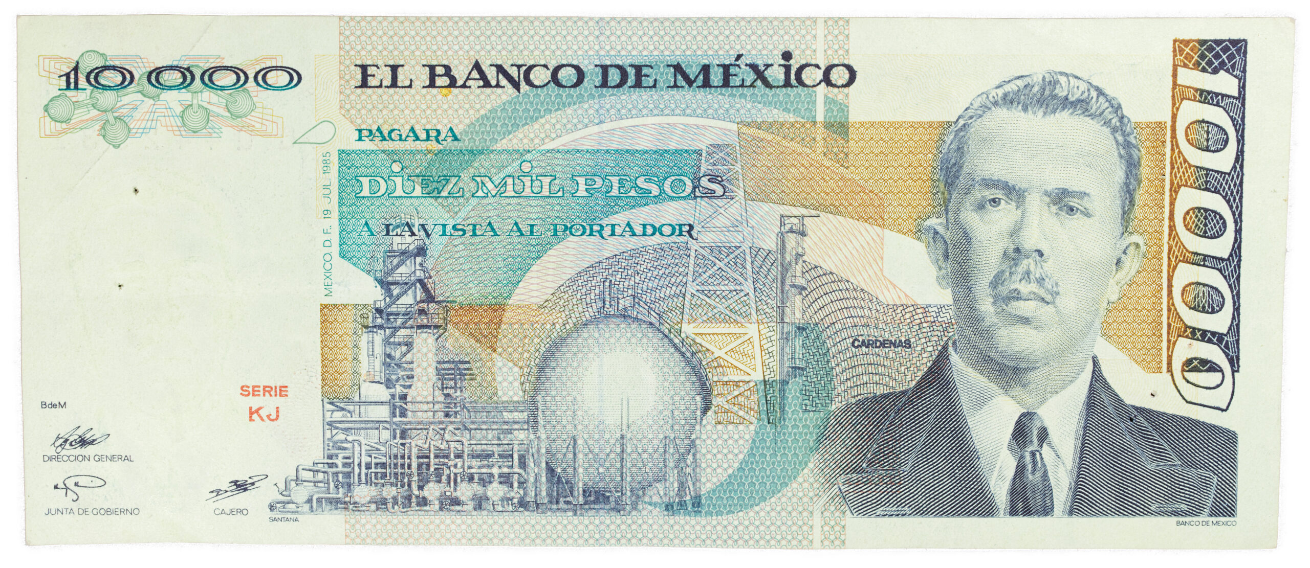 Billete Antiguo de 10,000 Pesos Mexicanos (1985) – Lázaro Cárdenas – Serie KJ (Estado Excelente)