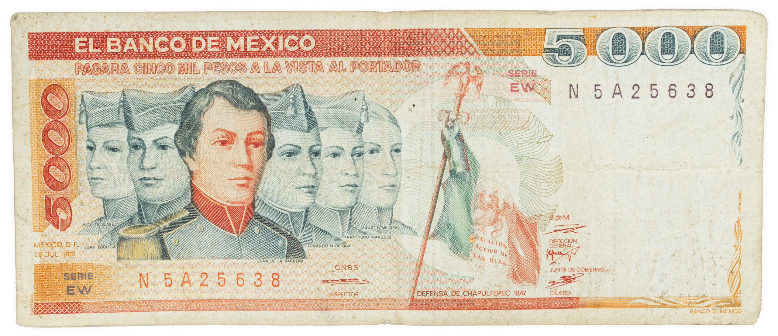 Billete Antiguo de 5,000 Pesos Mexicanos (1983) – Niños Héroes – Serie EW (Estado Circulado)