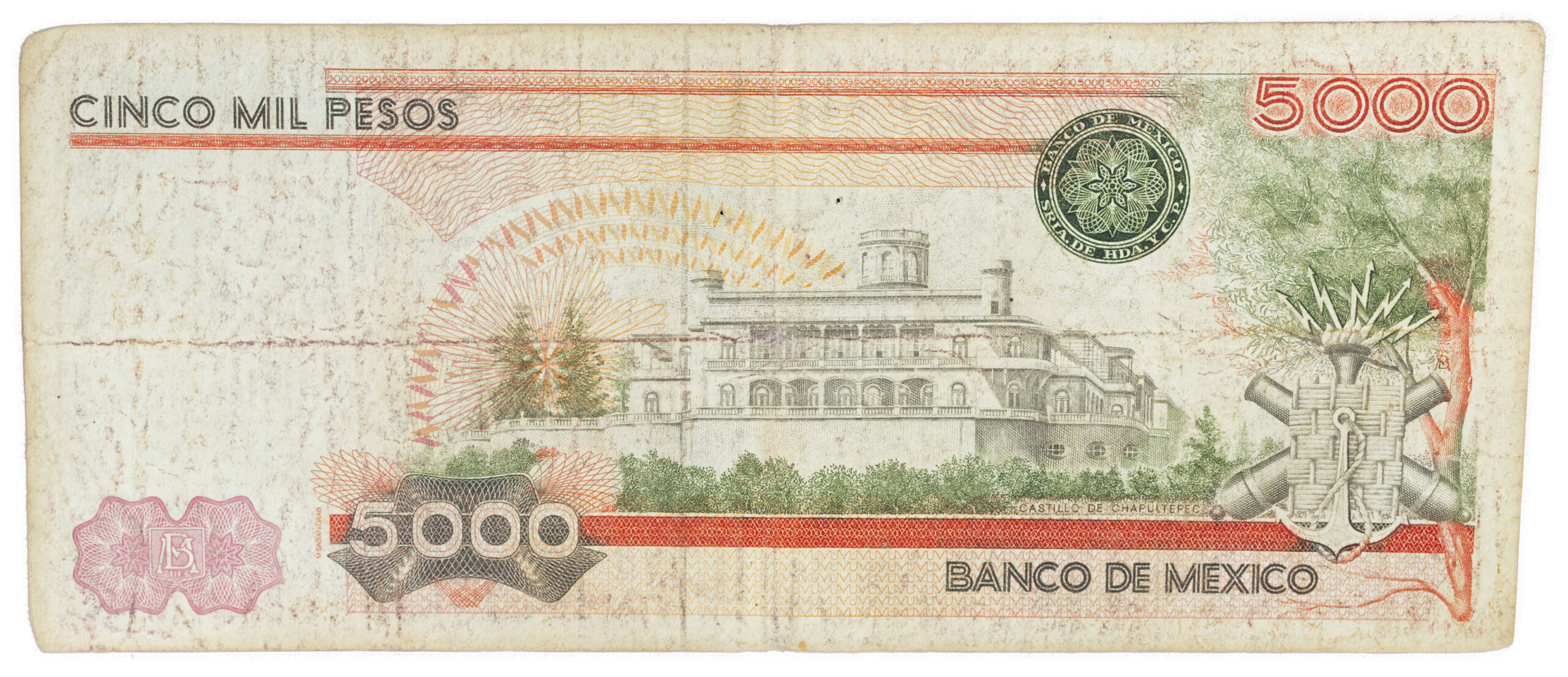 Billete Antiguo de 5,000 Pesos Mexicanos (1983) – Niños Héroes – Serie EW (Estado Circulado)